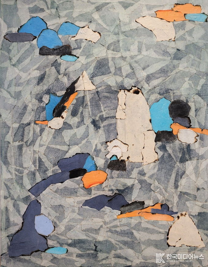 work_산1, 장지에 화산저 꼴라쥬ㅡ 채색, 향, 랑이터, 116x91cm,2024