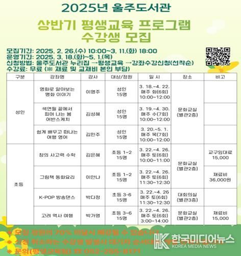 울주도서관, 상반기 평생교육 강좌 운영